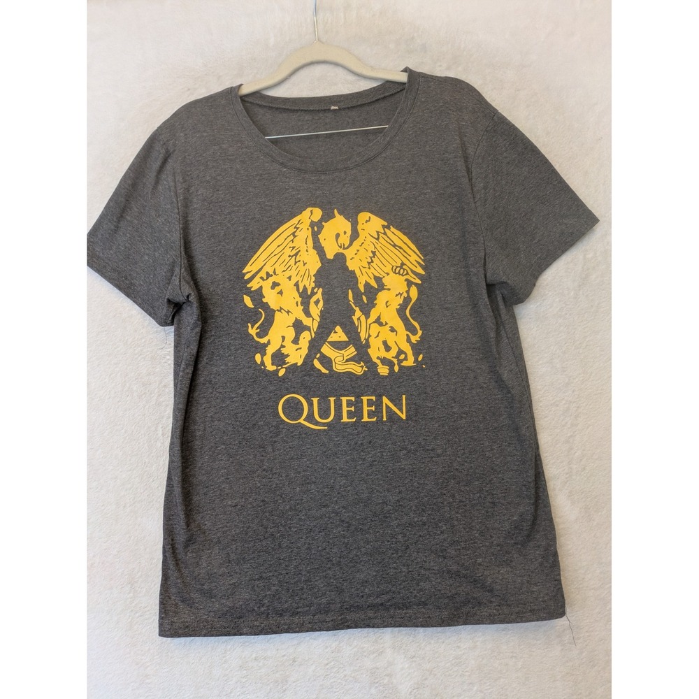 Queen Graphic T-Shirt Women's Size L Charcoal Grey Yellow Band Crest Logo